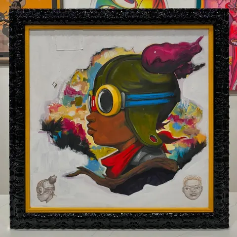 Hebru Brantley, Family Argument (White Skies), in a Frame Chicago frame.